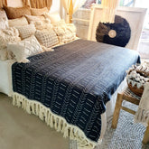 Black Cotton Throw with Arrow Pattern and Natural Fringe | 145×216cm